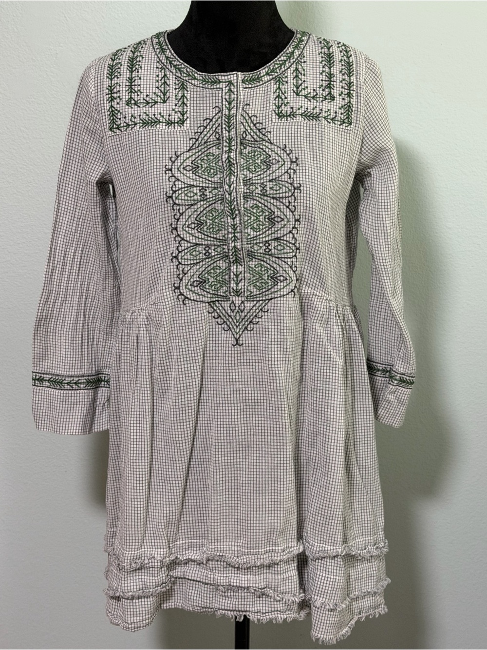 SOEUR Long Sleeve Gingham Embroidered Dress - Small (36)